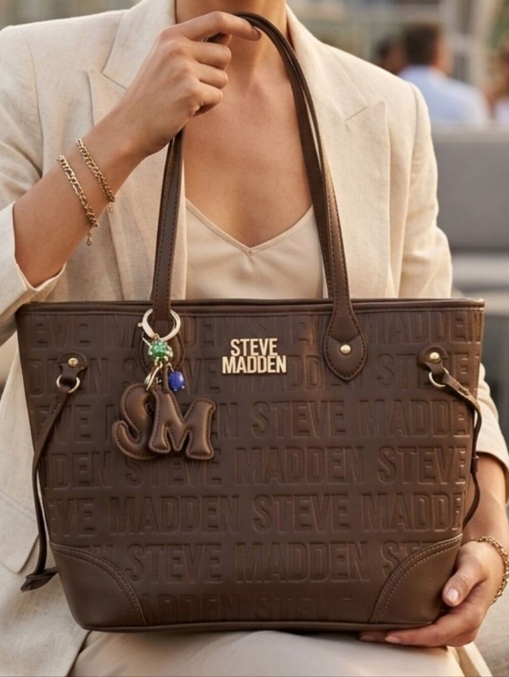 Steve Madden Brown Embossed Logo Tote with Charm